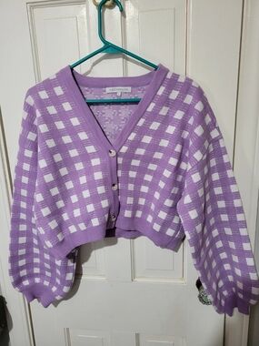 Lavender Checkered V-Neck Cropped Cardigan Sweater